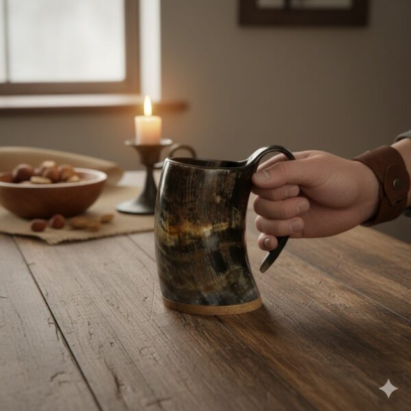 "Handmade natural horn mug with polished finish and wooden base"