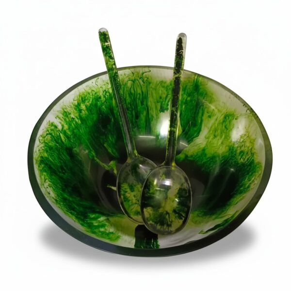 Handcrafted round resin salad bowl with emerald green swirl design,