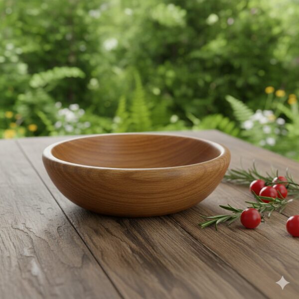 A stack of four natural wooden bowls, showing their unique grain and warm color.