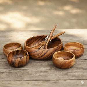 Natural wood serving set.